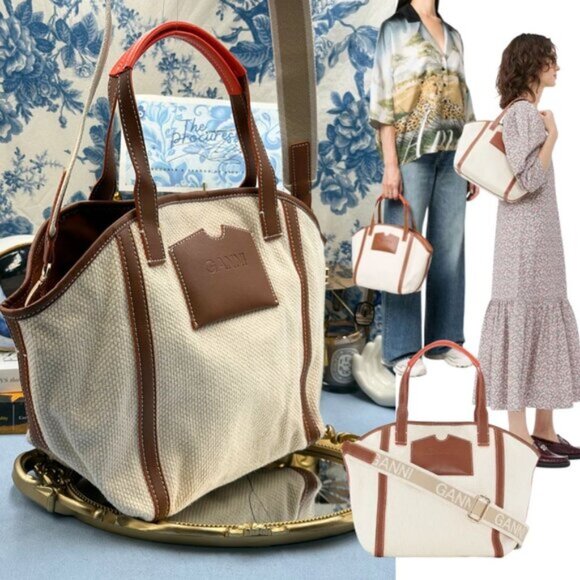🆕 GANNI 🧿 NWT Small Banner Tote, Egret Cream Canvas & Tan Leather - Picture 1 of 14